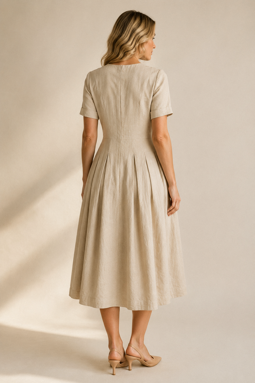 Beige linen a-line midi dress, back view, clean back, subtle waist definition