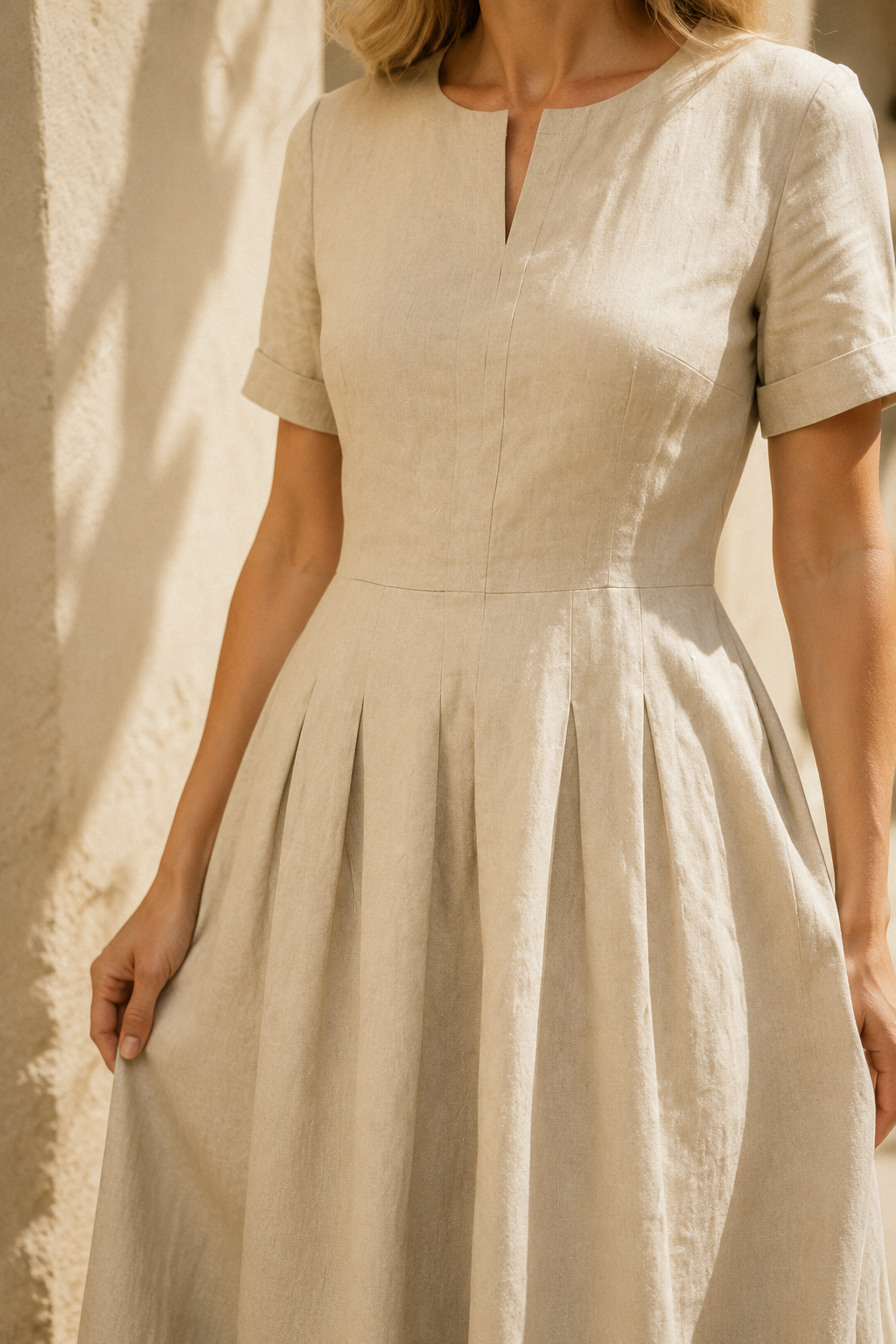 Beige linen a-line midi dress, fabric detail, flax weave in raking light