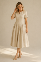 Beige linen a-line midi dress, full front view, fitted bodice, A-line midi skirt