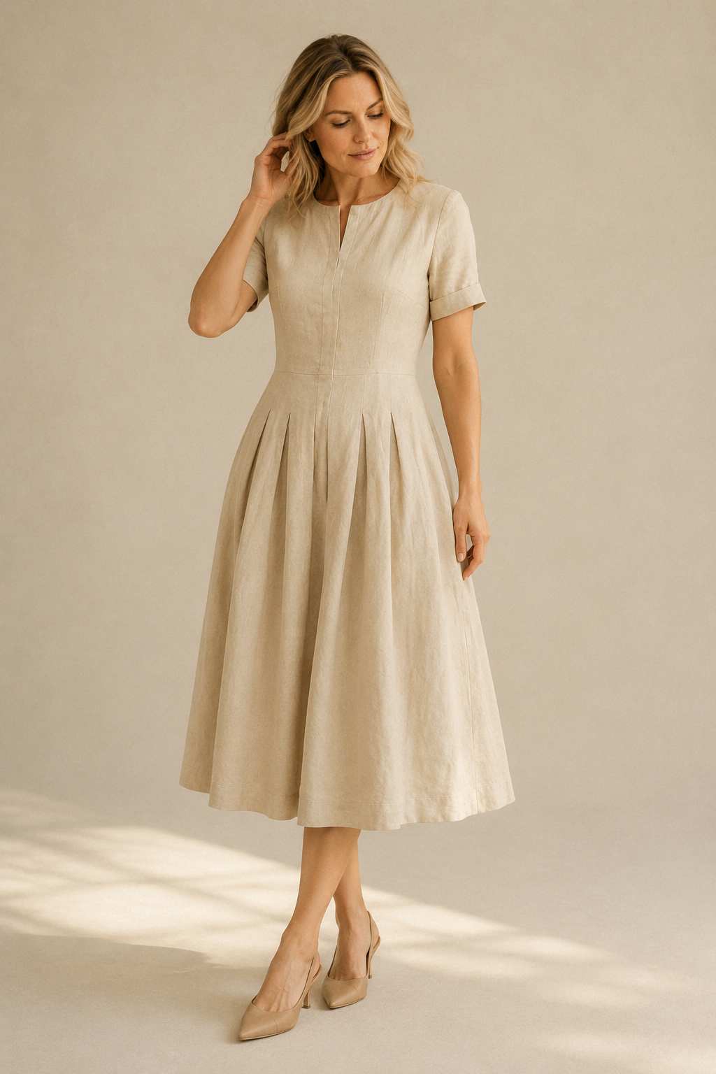 Beige linen a-line midi dress, full front view, fitted bodice, A-line midi skirt