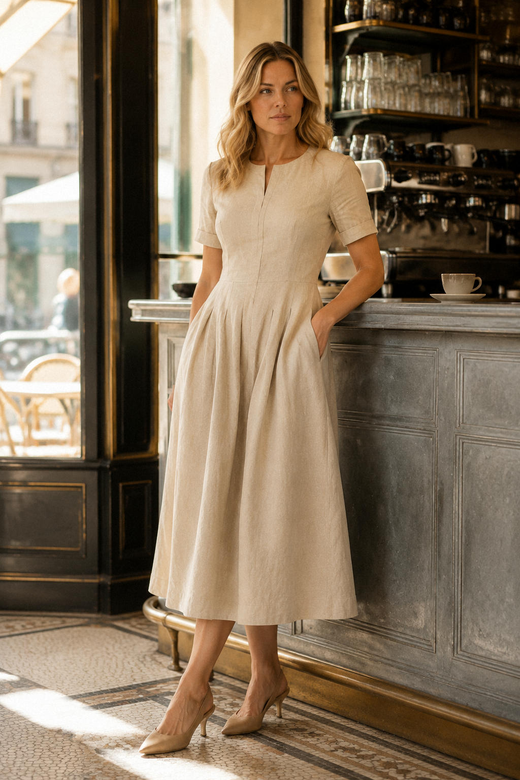 Beige linen a-line midi dress, lifestyle, daylight glow, effortless style