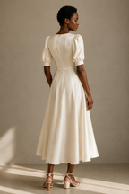 Ivory silk a-line midi dress, back view, defined waist and full skirt