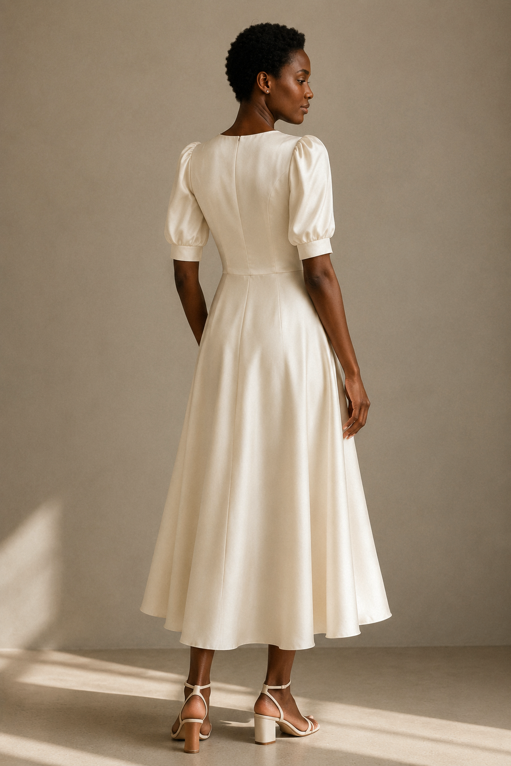 Ivory silk a-line midi dress, back view, defined waist and full skirt