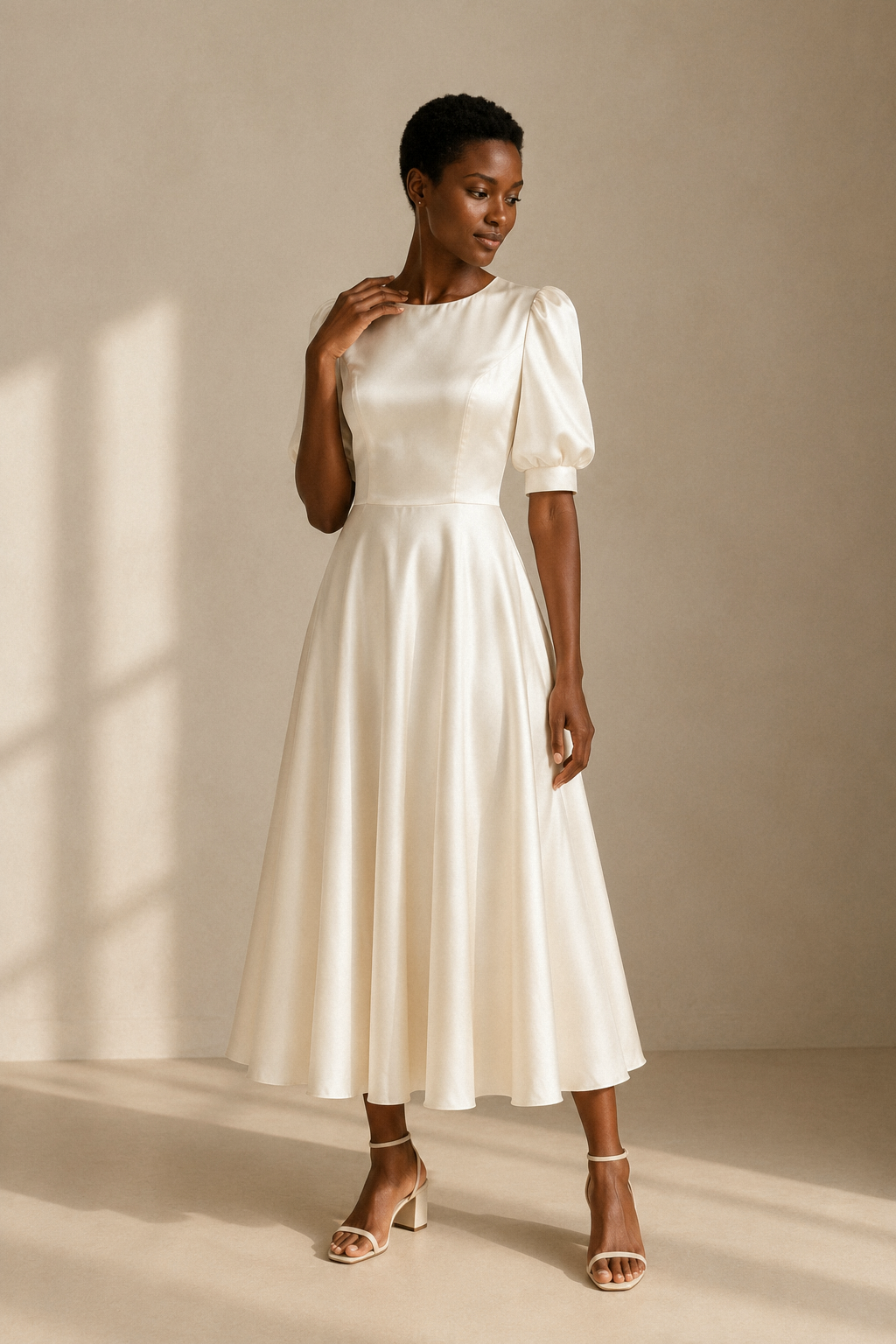 Ivory silk a-line midi dress, full front view, fitted bodice and flowing A-line skirt