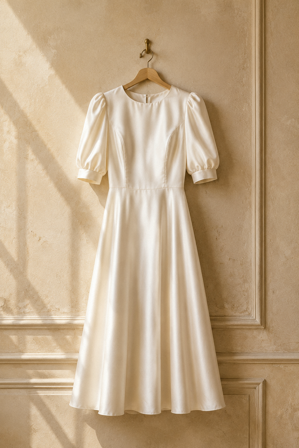 Ivory silk a-line midi dress, hanging on wooden hanger against plaster wall