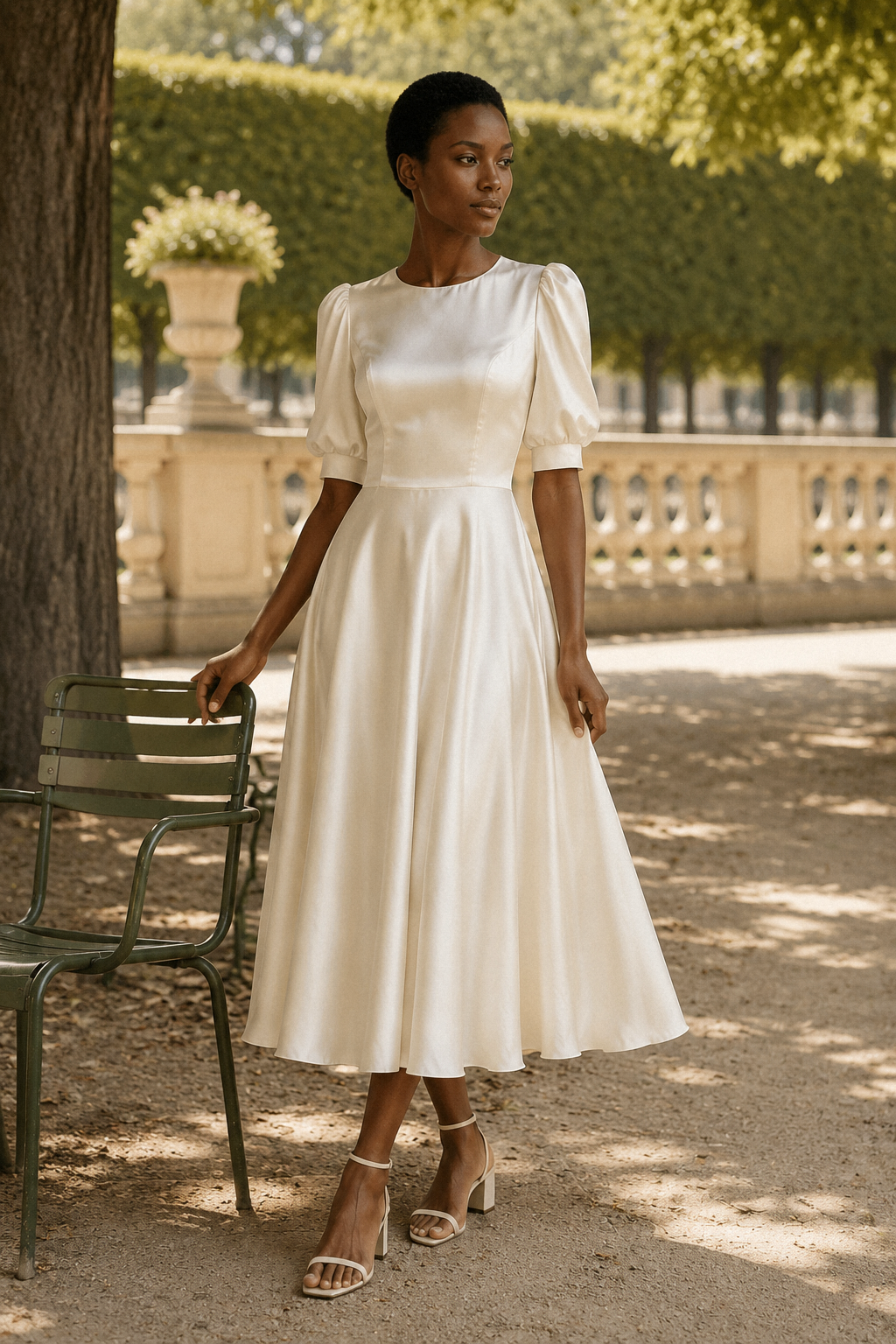 Ivory silk a-line midi dress, lifestyle, soft light and gentle movement
