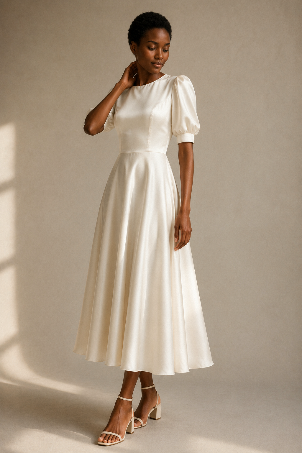 Ivory silk a-line midi dress, three-quarter view, waist definition and skirt movement