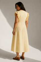 Butter yellow linen a-line midi dress, back view, smooth back with waist seam