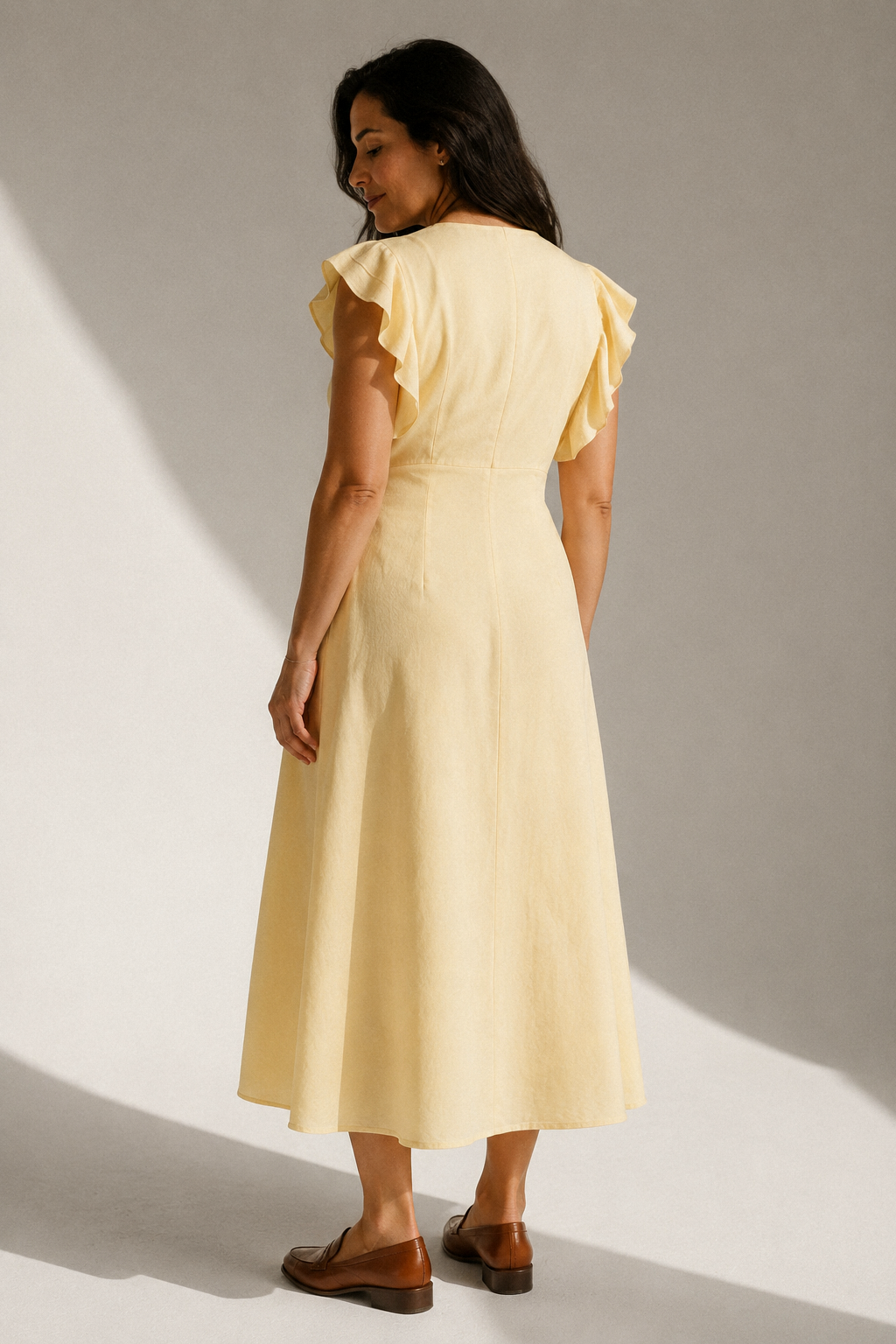 Butter yellow linen a-line midi dress, back view, smooth back with waist seam