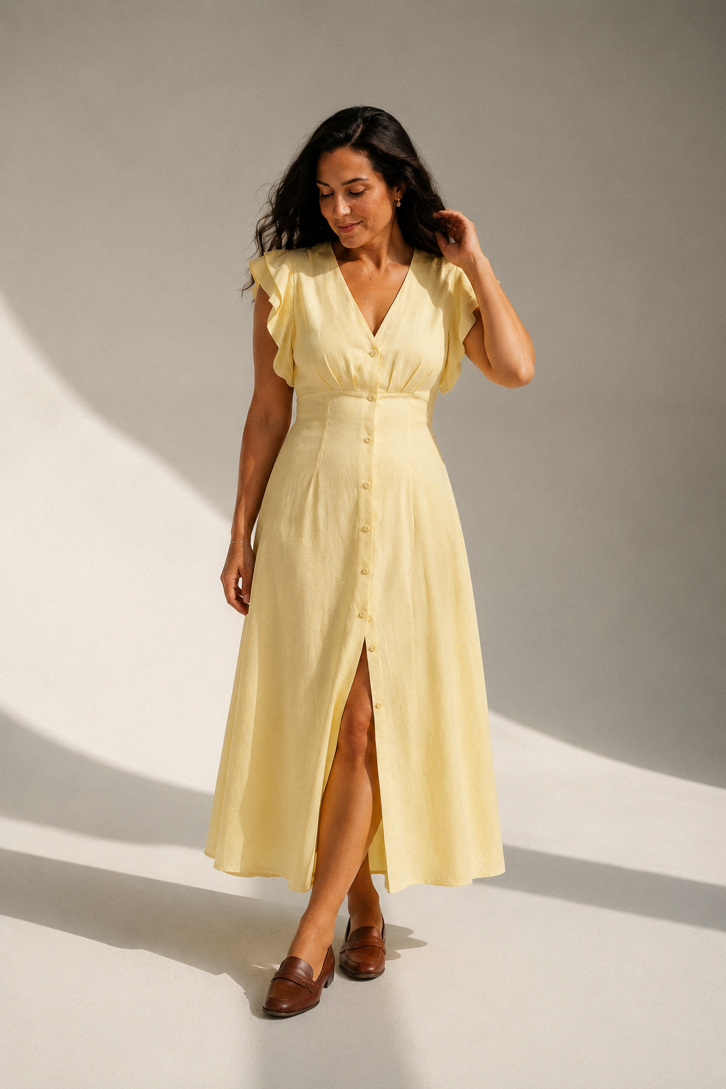 Butter yellow linen a-line midi dress, full front view, a-line silhouette and ruffle sleeves