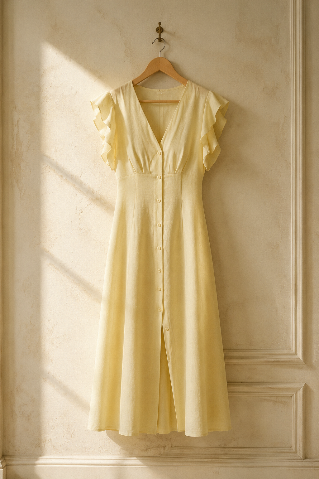 Butter yellow linen a-line midi dress, hanging on wooden hanger against plaster wall