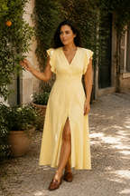 Butter yellow linen a-line midi dress, lifestyle, sunny afternoon, effortless style