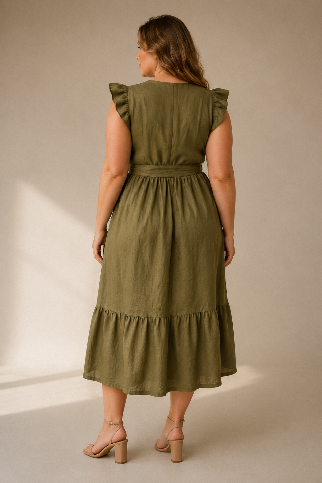 Olive green linen tiered midi dress, back view, defined waist, flowing skirt