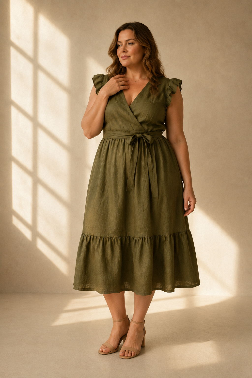 Olive green linen tiered midi dress, full front view, self-tie waist, tiered midi skirt