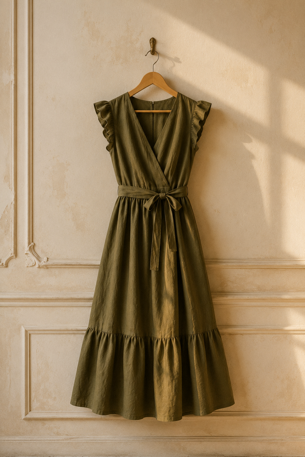 Olive green linen tiered midi dress, hanging on wooden hanger against plaster wall
