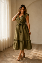 Olive green linen tiered midi dress, three-quarter view, wrap silhouette, tiered skirt, soft drape