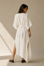 Ivory linen a-line midi dress, back view, round neckline and tie waist