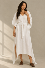 Ivory linen a-line midi dress, full front view, clean bodice and flowing skirt