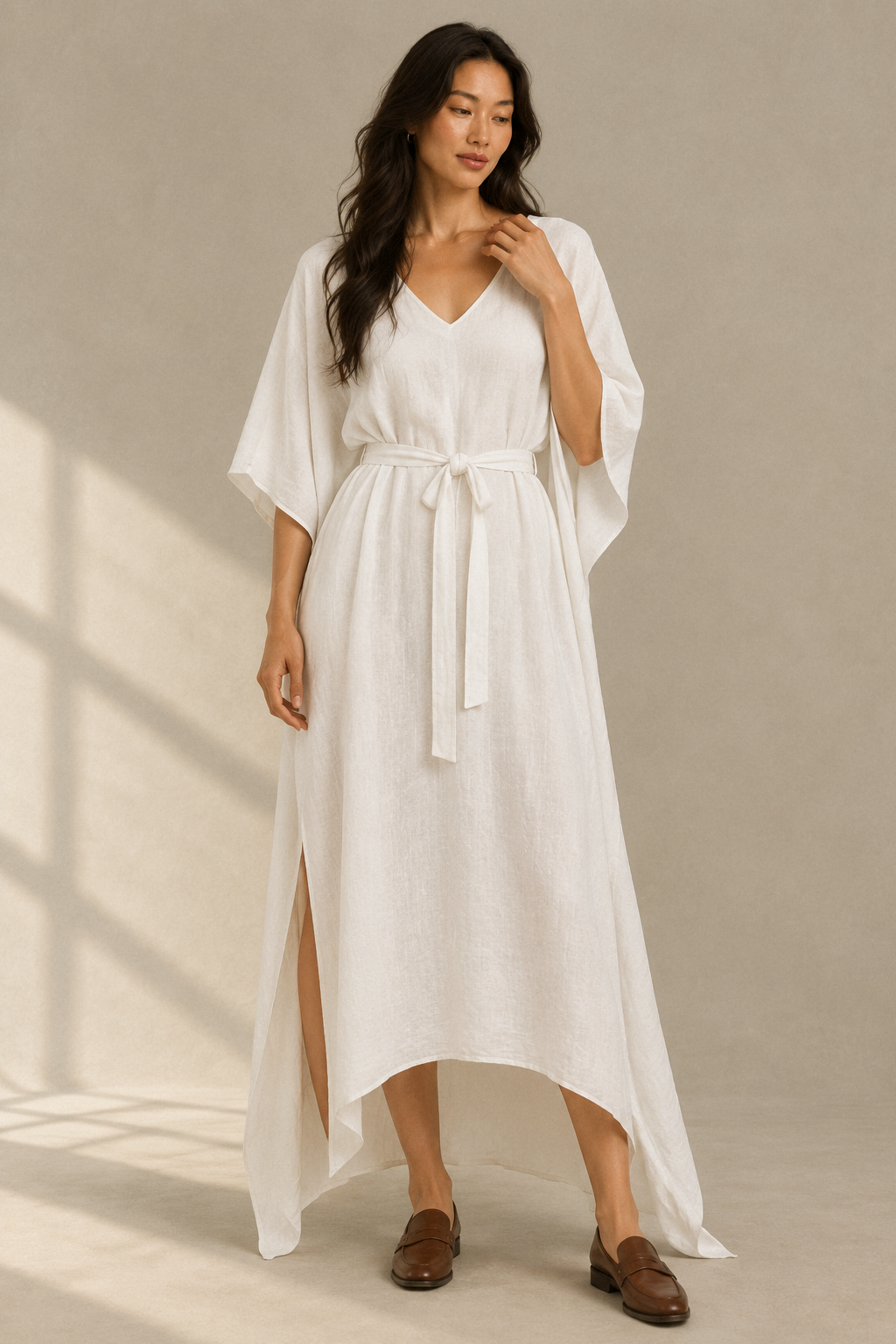Ivory linen a-line midi dress, full front view, clean bodice and flowing skirt