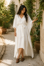 Ivory linen a-line midi dress, front view, relaxed fit and tie waist