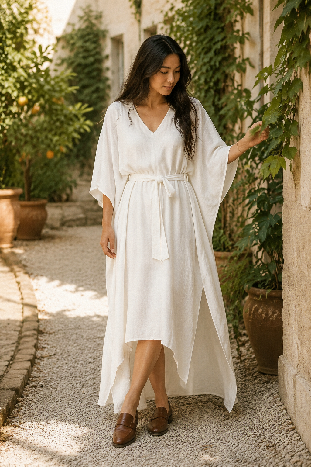 Ivory linen a-line midi dress, front view, relaxed fit and tie waist