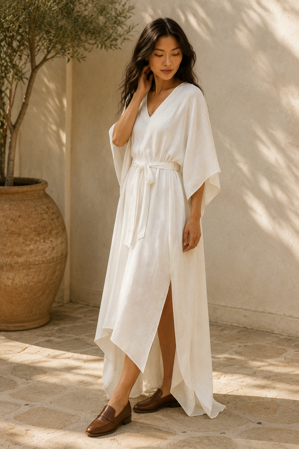 Ivory linen a-line midi dress, three-quarter view, fabric drape and cinched waist