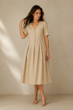 Beige linen a-line midi dress, full front view, a-line midi with pleated skirt