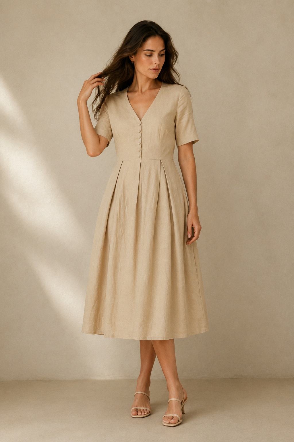 Beige linen a-line midi dress, full front view, a-line midi with pleated skirt