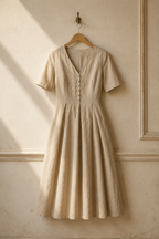 Beige linen a-line midi dress, hanging on wooden hanger against plaster wall