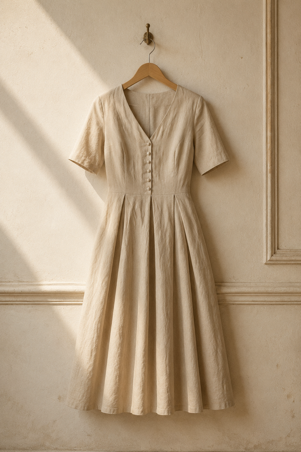 Beige linen a-line midi dress, hanging on wooden hanger against plaster wall