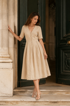 Beige linen a-line midi dress, front view, V neckline and button front