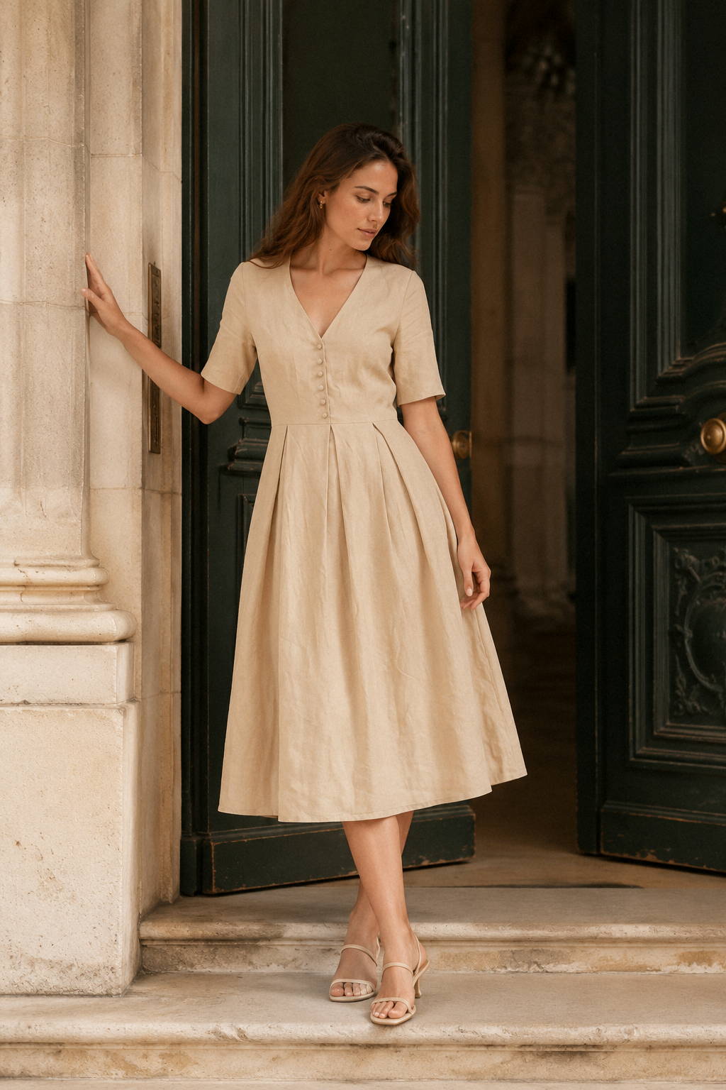 Beige linen a-line midi dress, front view, V neckline and button front