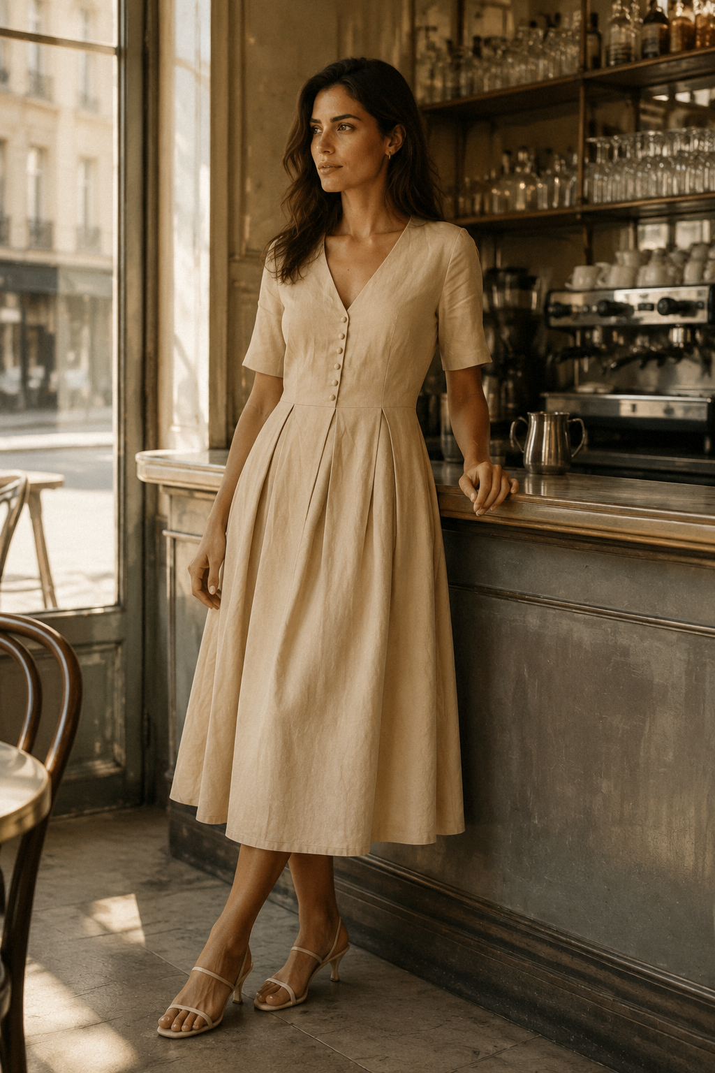 Beige linen a-line midi dress, lifestyle, morning light, quiet moments