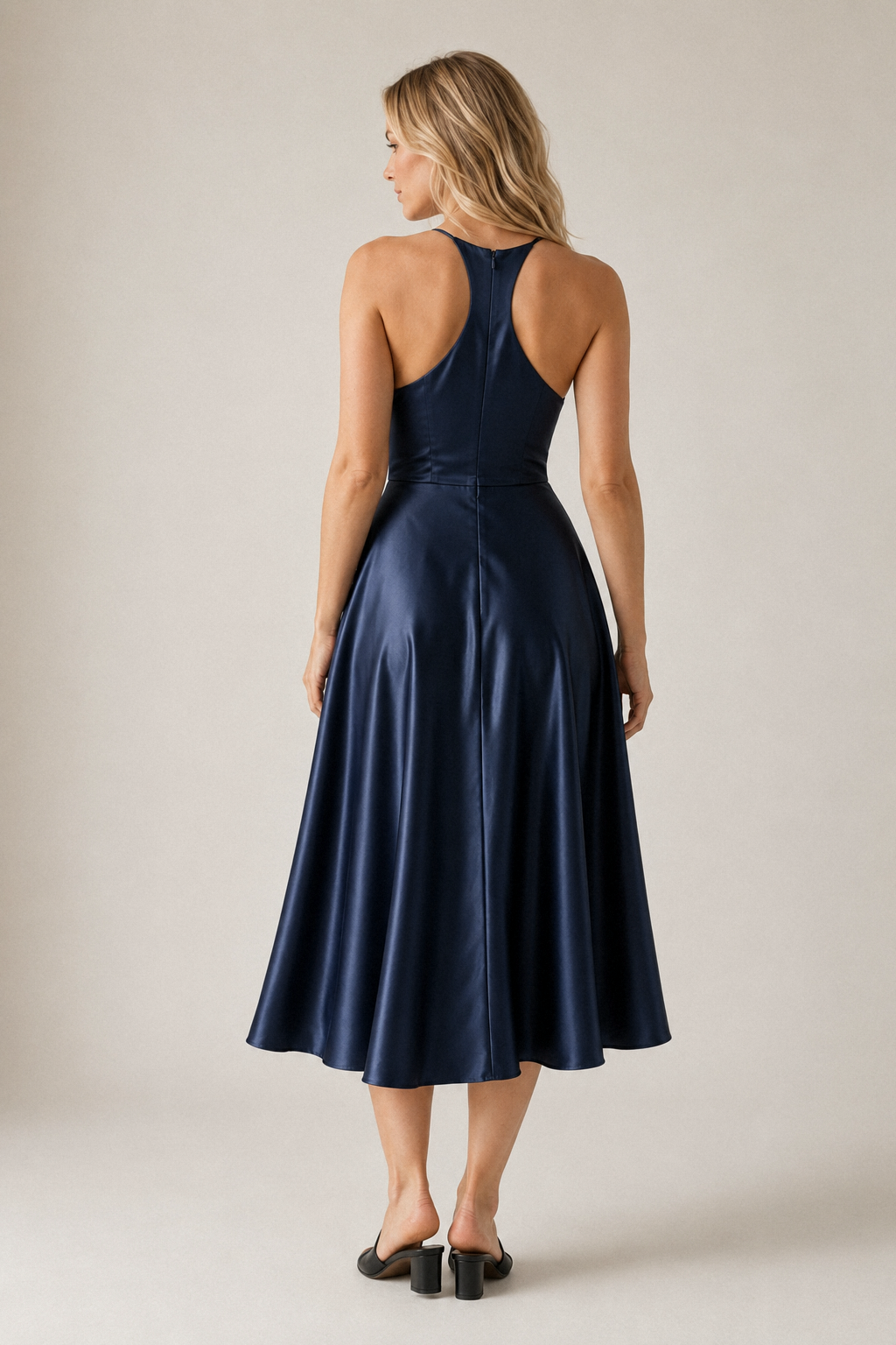 Navy blue silk a-line midi dress, back view, clean back, A-line silhouette