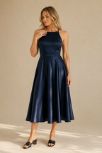 Navy blue silk a-line midi dress, full front view, a-line skirt, smooth silk fabric