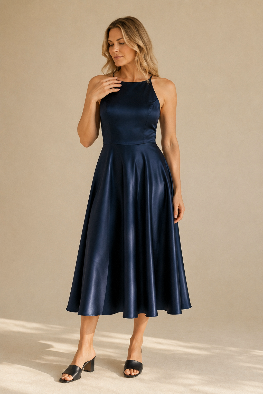Navy blue silk a-line midi dress, full front view, a-line skirt, smooth silk fabric