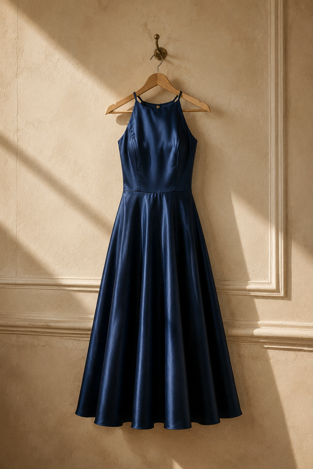 Navy blue silk a-line midi dress, hanging on wooden hanger against plaster wall
