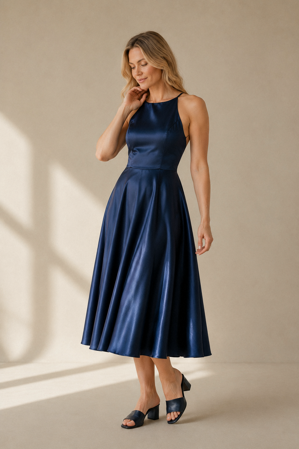Navy blue silk a-line midi dress, three-quarter view, halter neck, fluid skirt drape