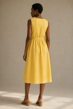 Yellow linen a-line midi dress, back view, smooth back and simple cut
