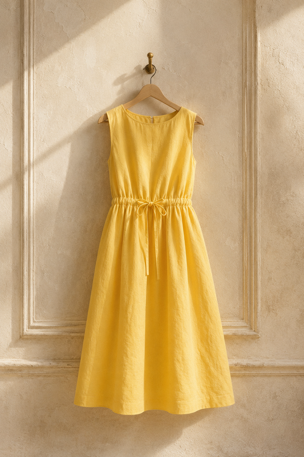 Yellow linen a-line midi dress, hanging on wooden hanger against plaster wall