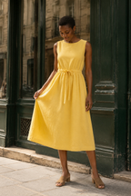 Yellow linen a-line midi dress, front view, drawstring waist and round neckline