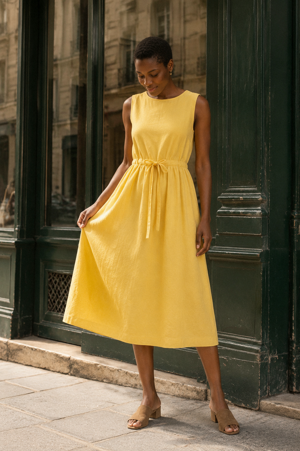 Yellow linen a-line midi dress, front view, drawstring waist and round neckline