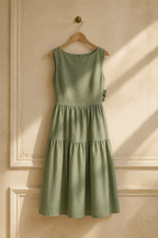 Sage green linen tiered midi dress, hanging on wooden hanger against plaster wall