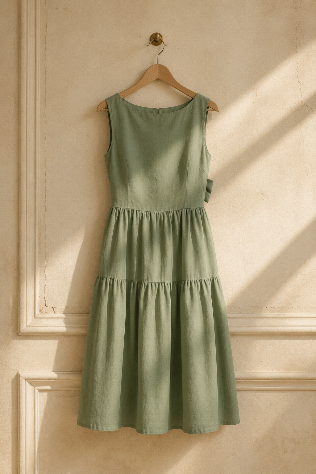 Sage green linen tiered midi dress, hanging on wooden hanger against plaster wall