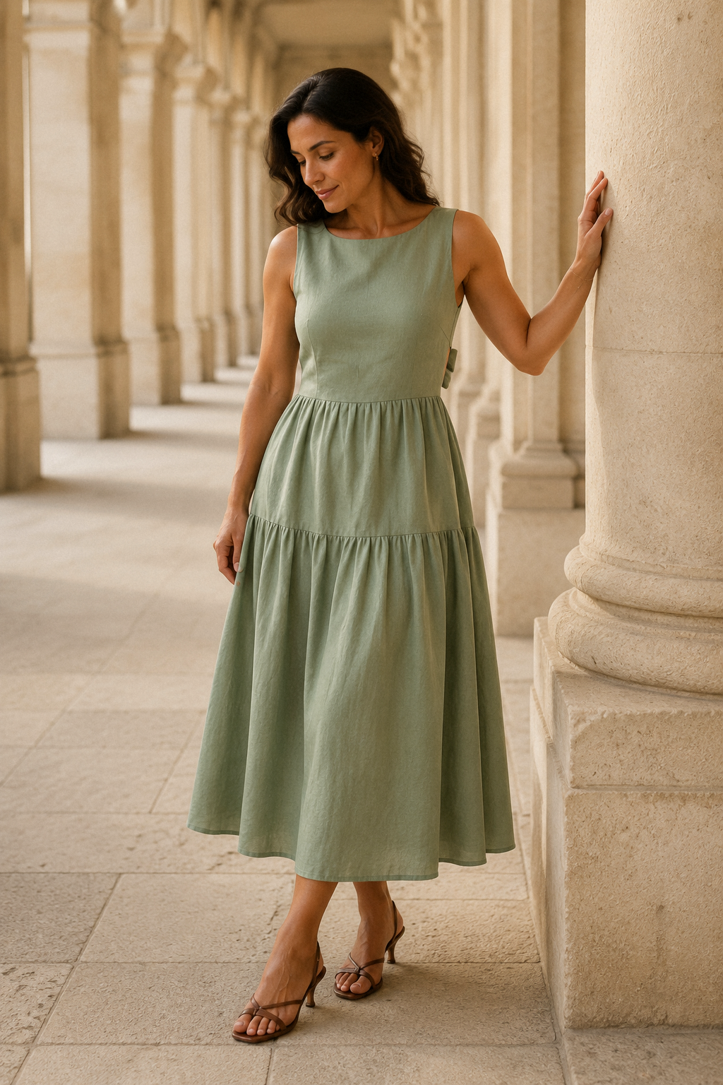 Sage green linen tiered midi dress, front view, sleeveless round neck tiered dress