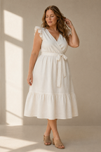 Ivory linen wrap midi dress, full front view, wrap front, tiered skirt, midi length