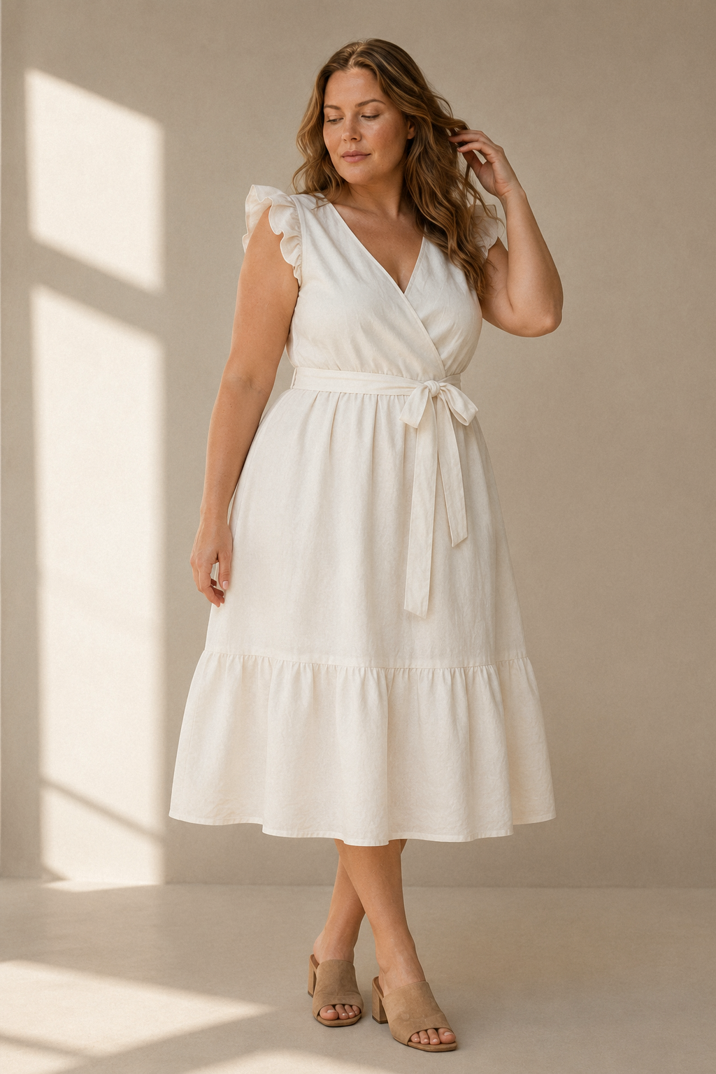 Ivory linen wrap midi dress, full front view, wrap front, tiered skirt, midi length