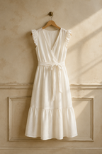 Ivory linen wrap midi dress, hanging on wooden hanger against plaster wall
