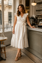 Ivory linen wrap midi dress, lifestyle, sunny afternoon, soft light, quiet grace