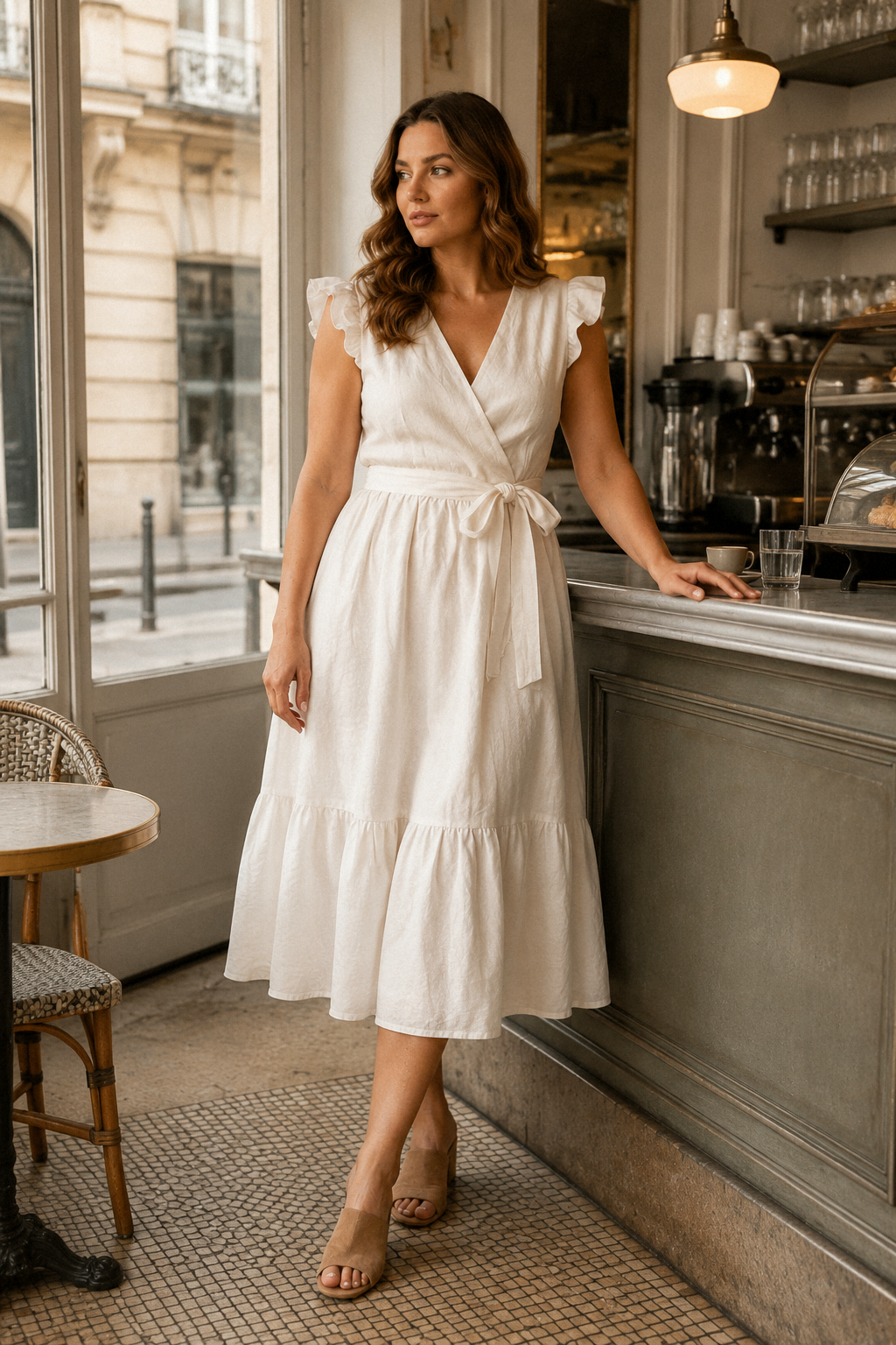Ivory linen wrap midi dress, lifestyle, sunny afternoon, soft light, quiet grace